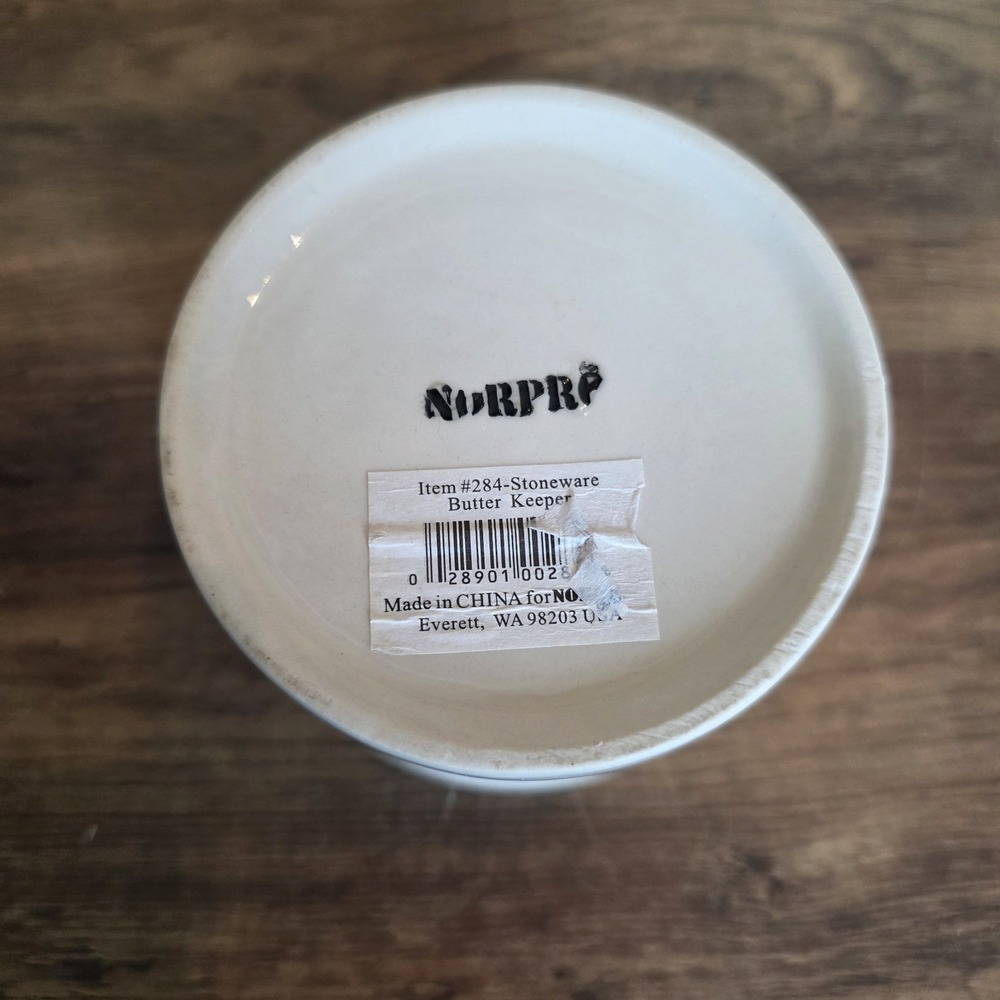 Norpro Stoneware Butter Keeper Ceramic Ivory & Blue Stripe Butter Bell Storage - Picture 7 of 8